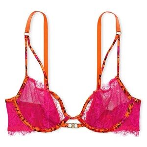 Victoria’s Secret 34D Pink & Orange Tropical Print Satin Lace Demi Bra